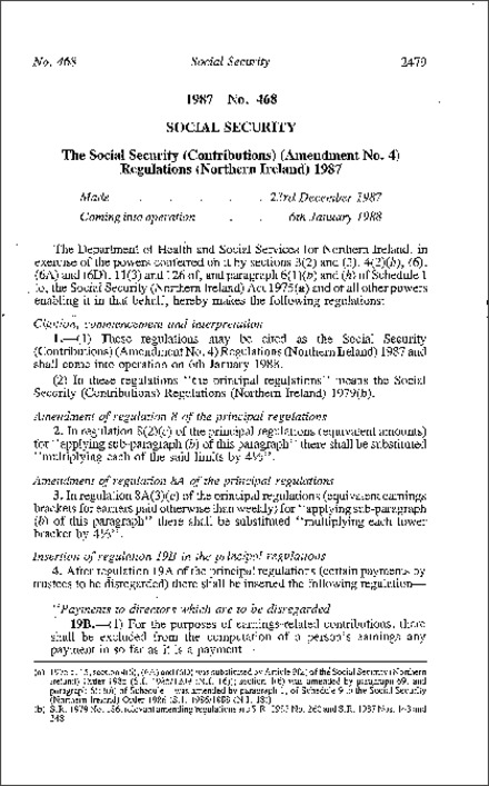 The Social Security (Contributions) (Amendment No. 4) Regulations (Northern Ireland) 1987