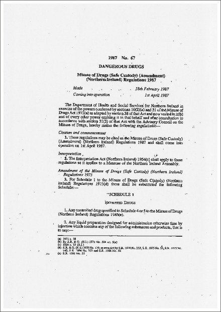Misuse of Drugs (Safe Custody) (Amendment) (Northern Ireland) Regulations 1987