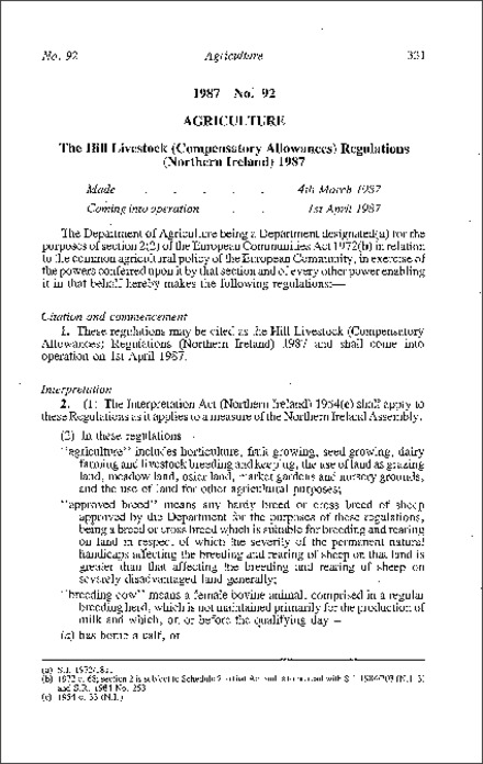 The Hill Livestock (Compensatory Allowance) Regulations (Northern Ireland) 1987