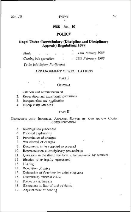 The Royal Ulster Constabulary (Discipline and Disciplinary Appeals) Regulations (Northern Ireland) 1988