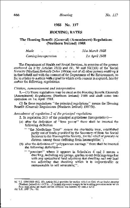 The Housing Benefit (General) (Amendment) Regulations (Northern Ireland) 1988