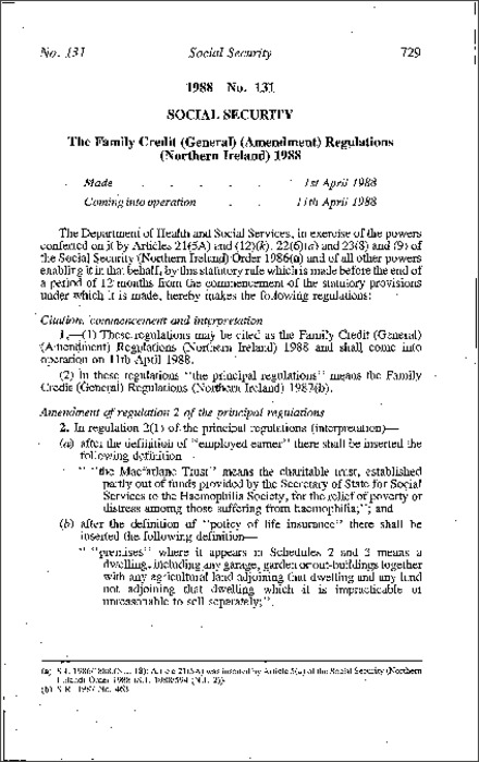 The Family Credit (General) (Amendment) Regulations (Northern Ireland) 1988