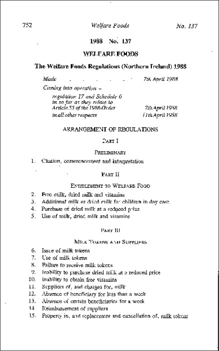 The Welfare Foods Regulations (Northern Ireland) 1988