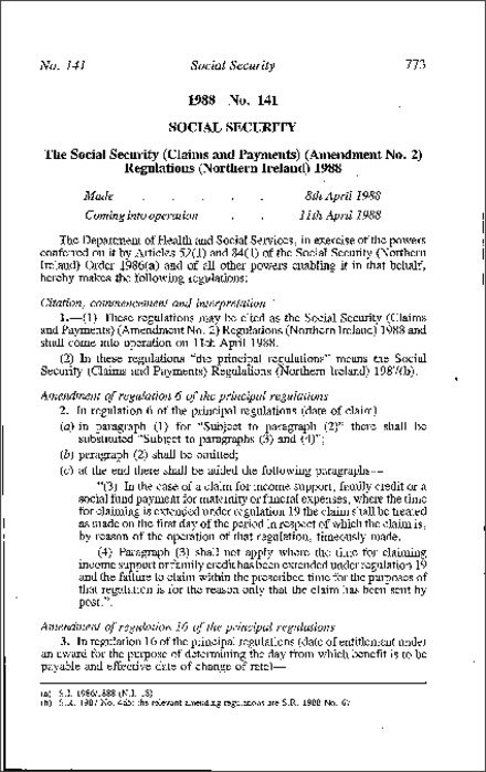 The Social Security (Claims and Payments) (Amendment No. 2) Regulations (Northern Ireland) 1988