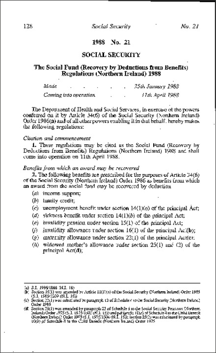 The Social Fund (Recovery by Deductions from Benefits) Regulations (Northern Ireland) 1988