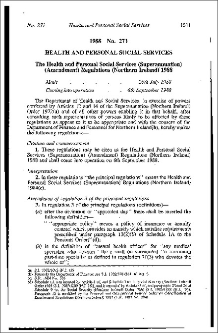 The Health and Personal Social Services (Superannuation) (Amendment) Regulations (Northern Ireland) 1988
