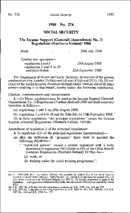 The Income Support (General) (Amendment No. 3) Regulations (Northern Ireland) 1988