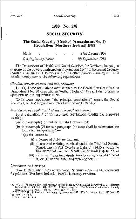The Social Security (Credits) (Amendment No. 3) Regulations (Northern Ireland) 1988