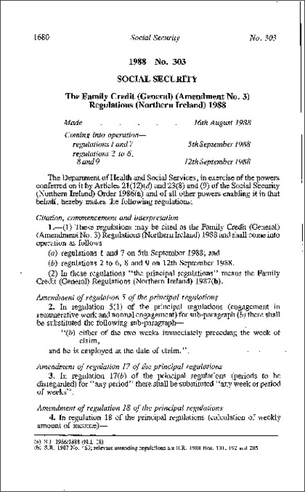 The Family Credit (General) (Amendment No. 3) Regulations (Northern Ireland) 1988