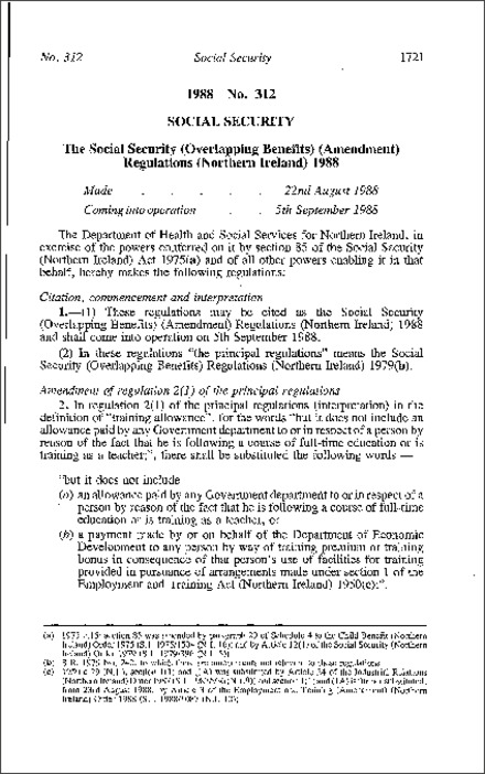 The Social Security (Overlapping Benefits) (Amendment) Regulations (Northern Ireland) 1988