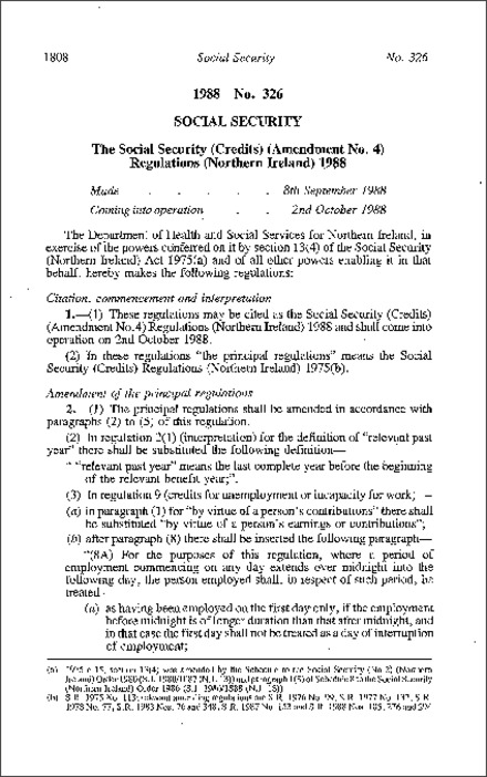 The Social Security (Credits) (Amendment No. 4) Regulations (Northern Ireland) 1988