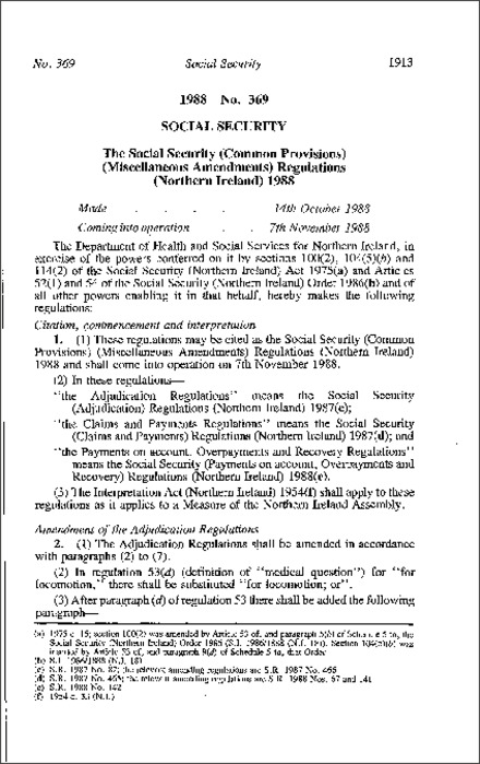 The Social Security (Common Provisions) (Miscellaneous Amendment) Regulations (Northern Ireland) 1988