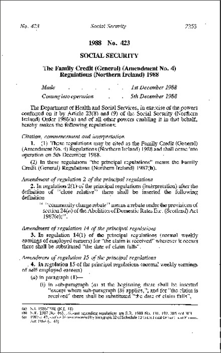 The Family Credit (General) (Amendment No. 4) Regulations (Northern Ireland) 1988