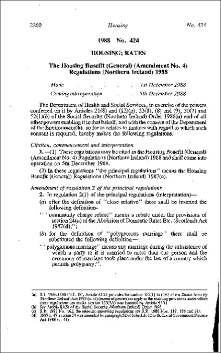 The Housing Benefit (General) (Amendment No. 4) Regulations (Northern Ireland) 1988
