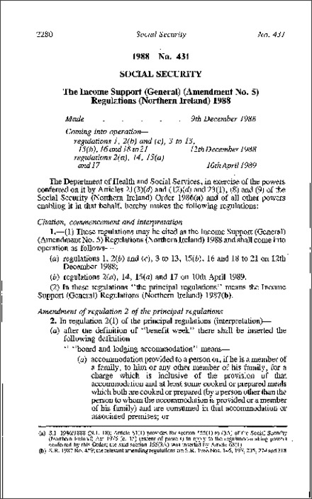The Income Support (General) (Amendment No. 5) Regulations (Northern Ireland) 1988