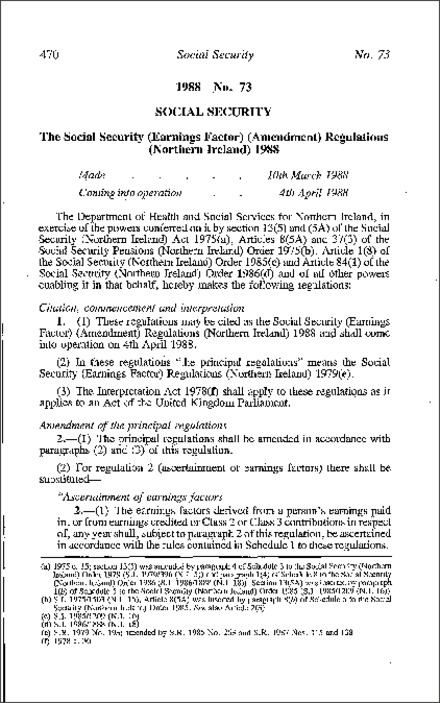 The Social Security (Earnings Factor) (Amendment) Regulations (Northern Ireland) 1988