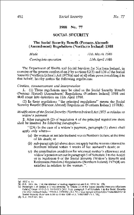 The Social Security Benefit (Persons Abroad) (Amendment) Regulations (Northern Ireland) 1988