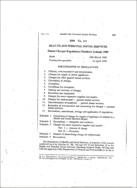 Health and Personal Social Services, Dental Charges Regulations (Northern Ireland) 1989
