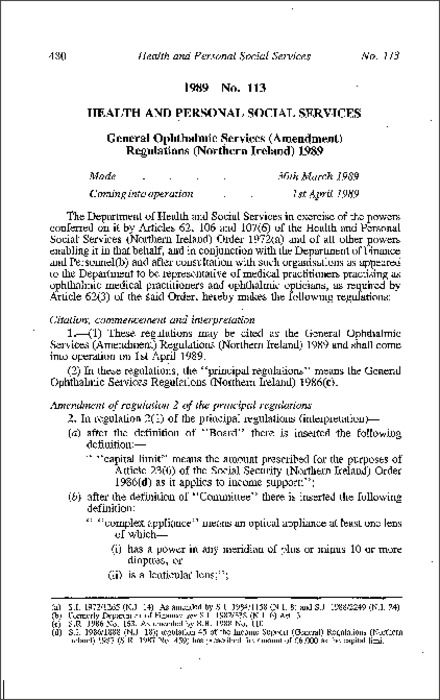 The General Ophthalmic Services (Amendment) Regulations (Northern Ireland) 1989