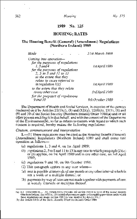 The Housing Benefit (General) (Amendment) Regulations (Northern Ireland) 1989