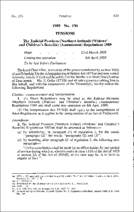 The Judicial Pensions (Northern Ireland) (Widows' and Childrens' Benefits) (Amendment) Regulations (Northern Ireland) 1989