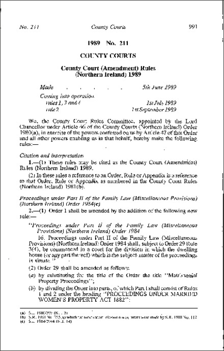 The County Court (Amendment) Rules (Northern Ireland) 1989