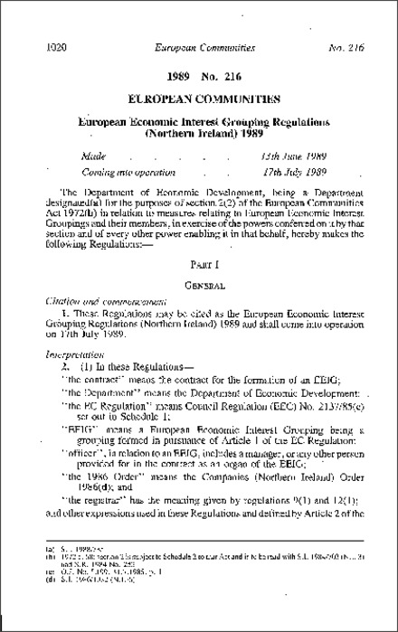 The European Economic Interest Grouping Regulations (Northern Ireland) 1989