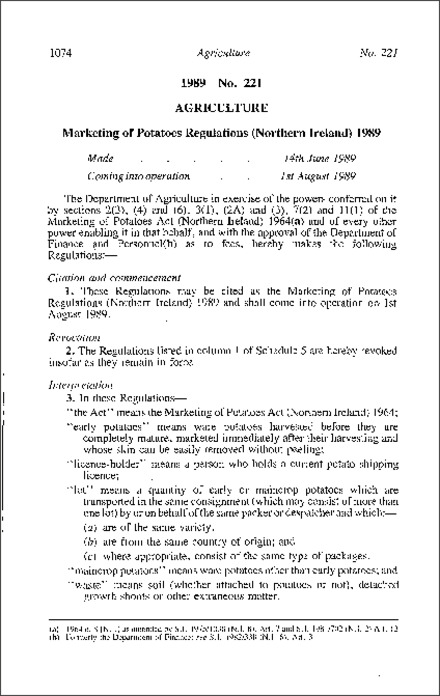 The Marketing of Potatoes Regulations (Northern Ireland) 1989