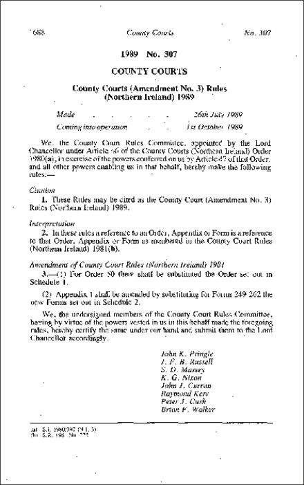 The County Court (Amendment No. 3) Rules (Northern Ireland) 1989