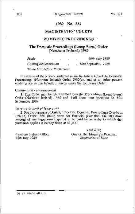 The Domestic Proceedings (Lump Sums) Order (Northern Ireland) 1989