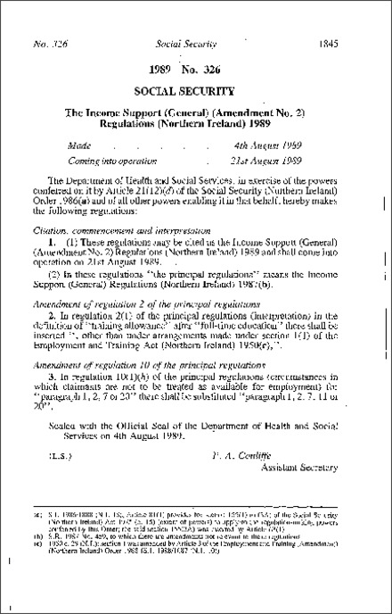 The Income Support (General) (Amendment No. 2) Regulations (Northern Ireland) 1989