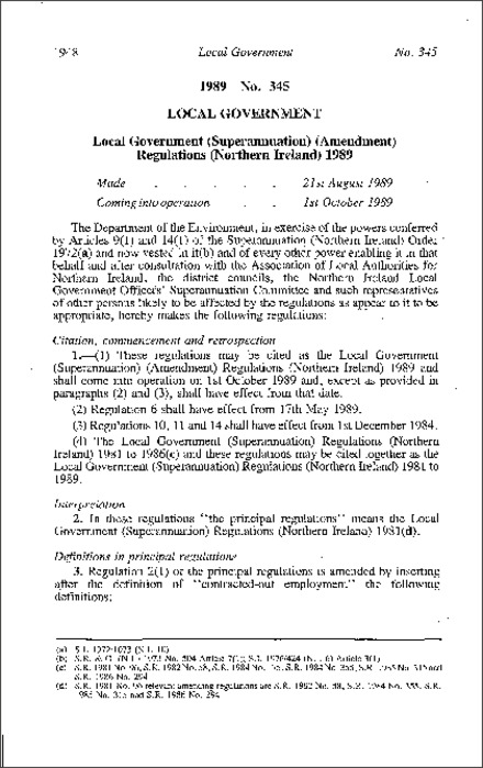 The Local Government (Superannuation) (Amendment) Regulations (Northern Ireland) 1989