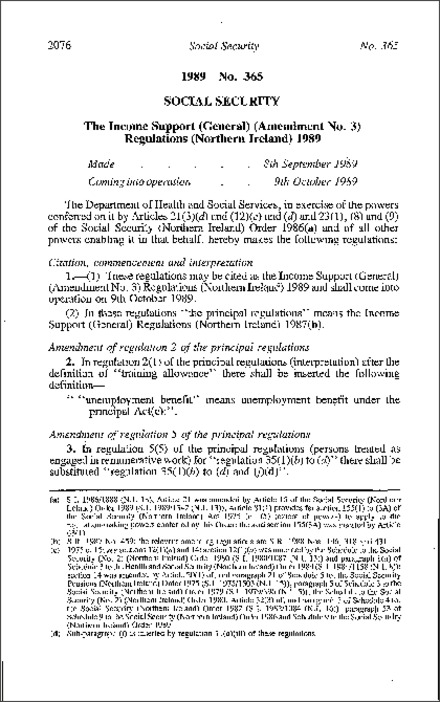 The Income Support (General) (Amendment No. 3) Regulations (Northern Ireland) 1989