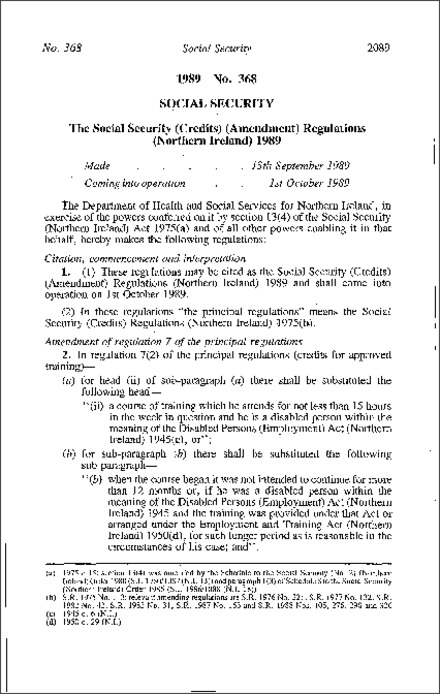 The Social Security (Credits) (Amendment) Regulations (Northern Ireland) 1989