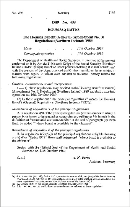 The Housing Benefit (General) (Amendment No. 3) Regulations (Northern Ireland) 1989