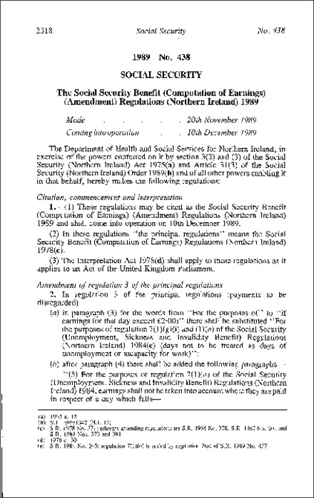 The Social Security Benefit (Computation of Earnings) (Amendment) Regulations (Northern Ireland) 1989