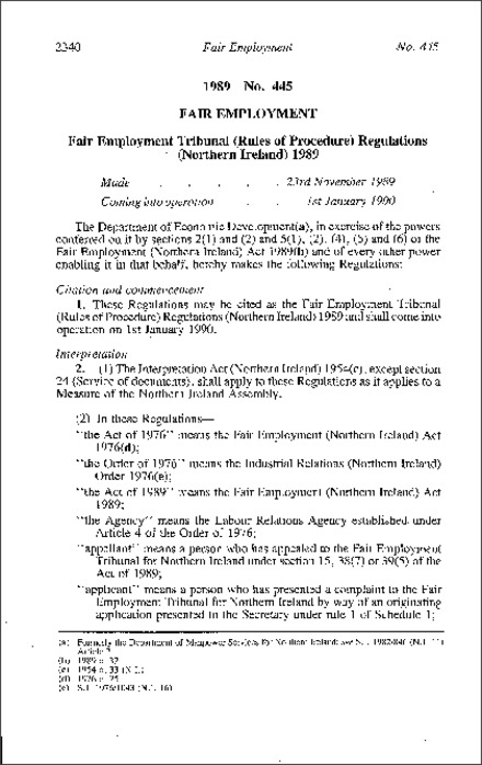 The Fair Employment Tribunal (Rules of Procedure) Regulations (Northern Ireland) 1989