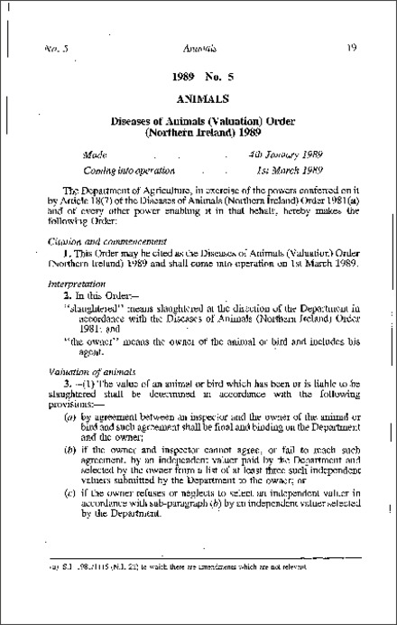 The Diseases of Animals (Valuation) Order (Northern Ireland) 1989