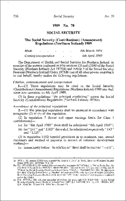 The Social Security (Contributions) (Amendment) Regulations (Northern Ireland) 1989