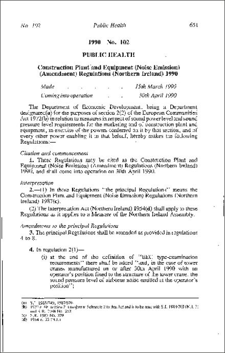 The Construction Plant and Equipment (Noise Emission) (Amendment) Regulations (Northern Ireland) 1990