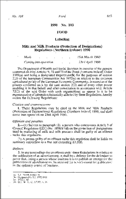 The Milk and Milk Products (Protection of Designations) Regulations (Northern Ireland) 1990