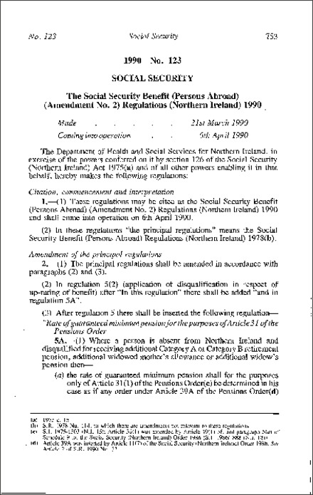 The Social Security Benefit (Persons Abroad) (Amendment No. 2) Regulations (Northern Ireland) 1990