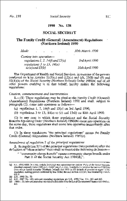 The Family Credit (General) (Amendment) Regulations (Northern Ireland) 1990