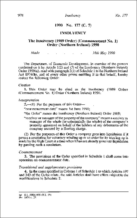 The Insolvency (1989 Order) (Commencement No. 1) Order (Northern Ireland) 1990