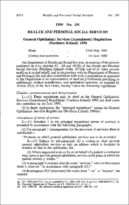 The General Ophthalmic Services (Amendment) Regulations (Northern Ireland) 1990