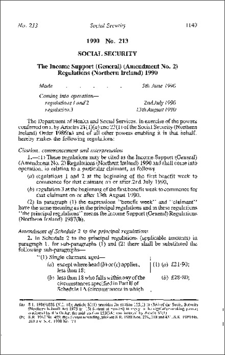 The Income Support (General) (Amendment No. 2) Regulations (Northern Ireland) 1990