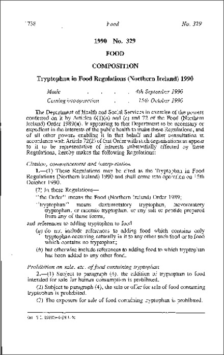 The Tryptophan in Food Regulations (Northern Ireland) 1990