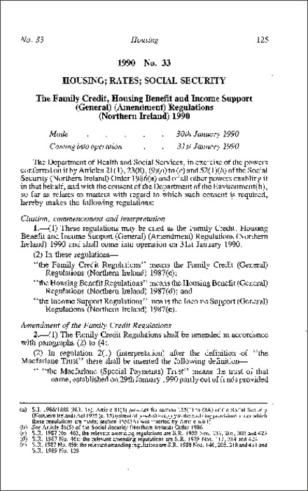 The Family Credit, Housing Benefit and Income Support (General) (Amendment) Regulations (Northern Ireland) 1990