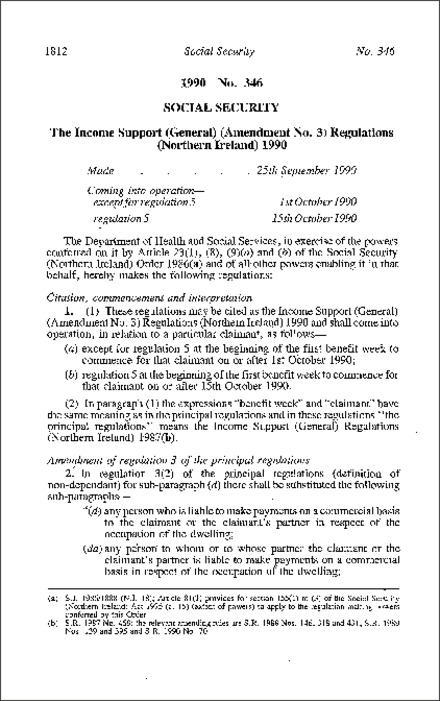 The Income Support (General) (Amendment No. 3) Regulations (Northern Ireland) 1990
