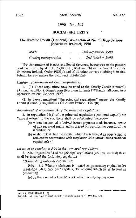 The Family Credit (General) (Amendment No. 2) Regulations (Northern Ireland) 1990